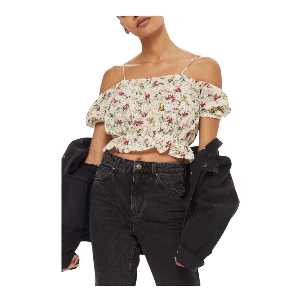 Topshop Floral Top Bardot Ivory Multi Feminine Coquette Cottage Size 4 US